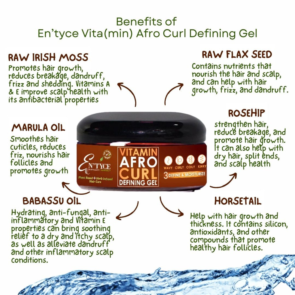 En'tyce Vita(min) Afro Curl Defining Gel with benefits listed on a white background