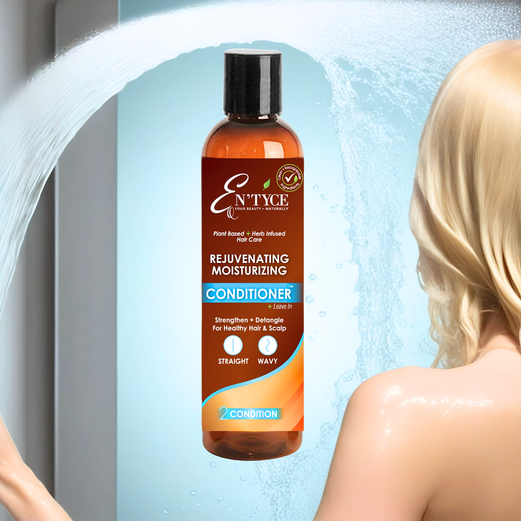 En'tyce Rejuvenating Moisturizing Conditioner bottle with a person under a shower.