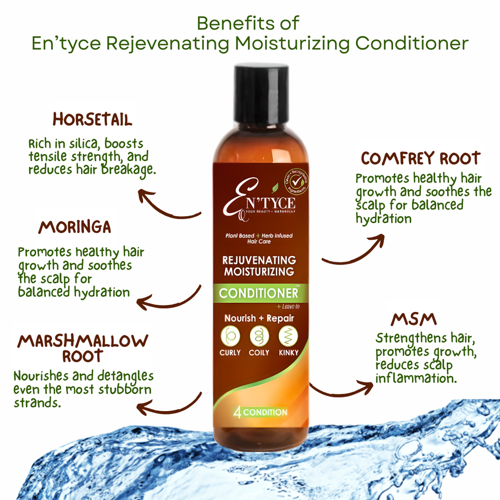 En'tyce Rejuvenating Moisturizing Conditioner bottle with benefits listed on a white background