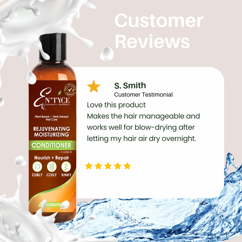 Entyce Rejuvenating Moisturizing Conditioner bottle with customer review on a water splash background