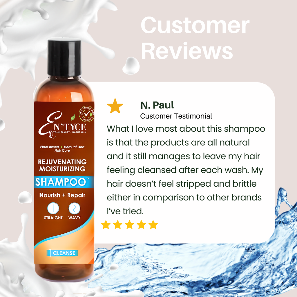 En'tyce shampoo bottle with customer review on a water splash background