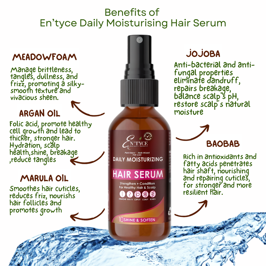 En'tyce Daily Moisturizing Hair Serum bottle with benefits listed on a white background