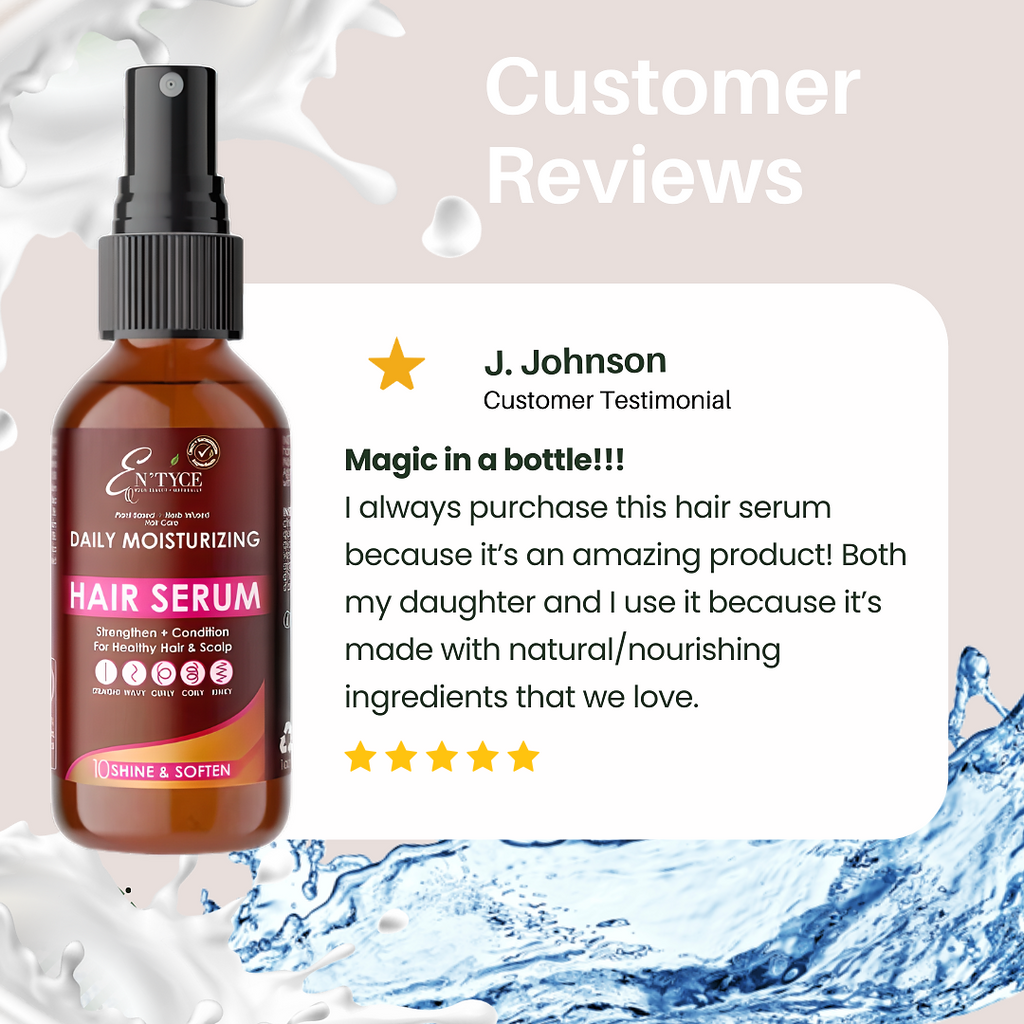 Hair serum bottle with customer testimonial card on a water and milk splash background