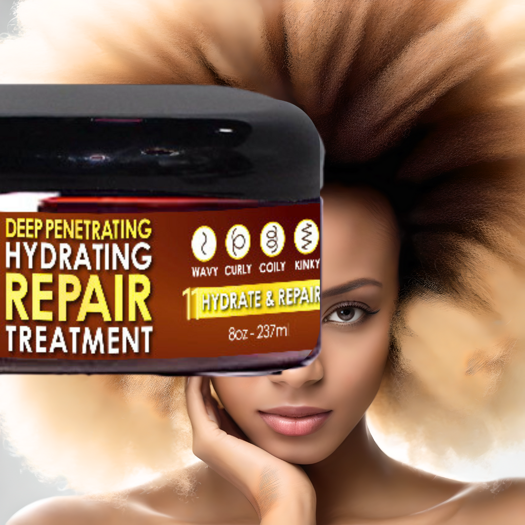 Woman with voluminous hair holding a jar of deep penetrating hydrating repair treatment.