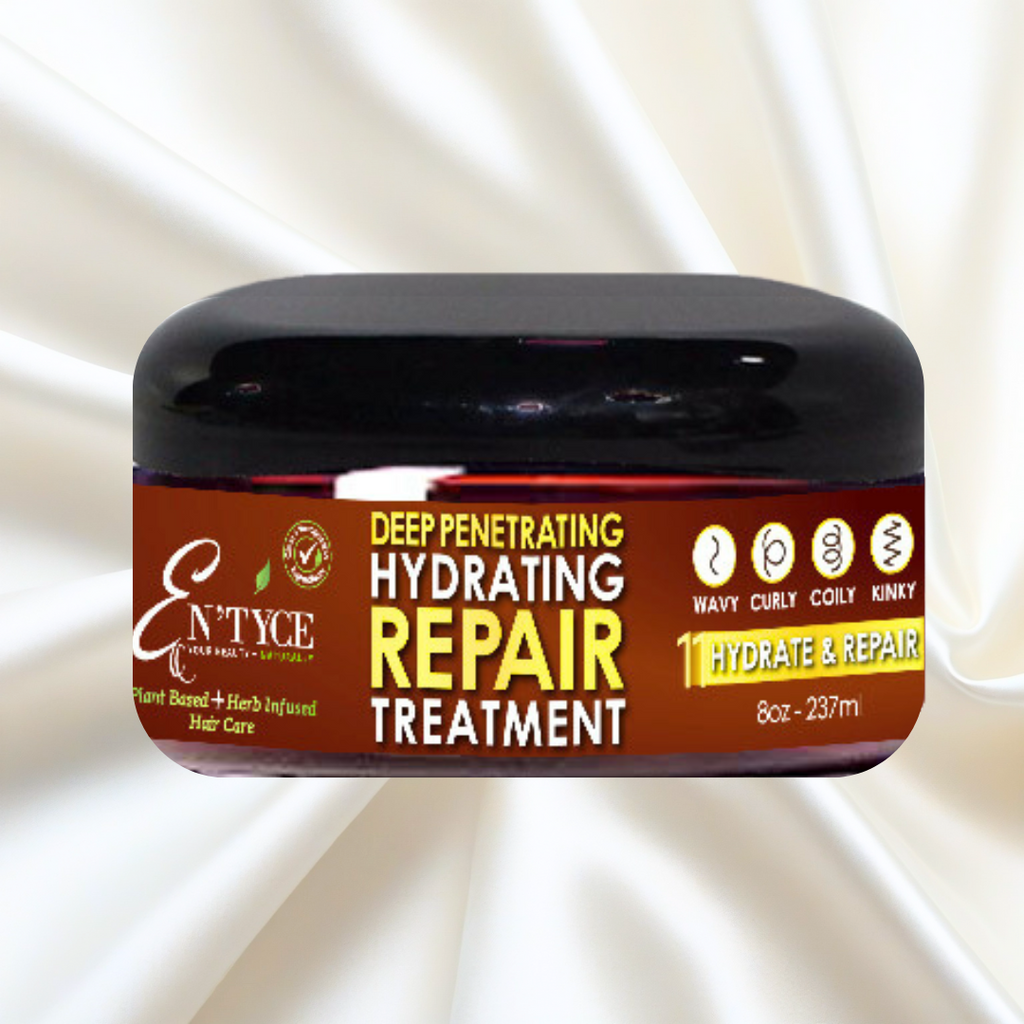 Jar of En'tyce deep penetrating hydrating repair treatment on a beige satin background