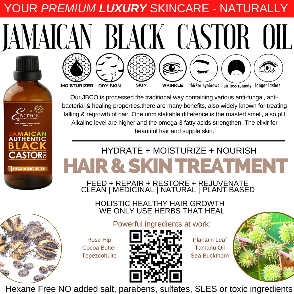 En'tyce Pure Authentic Jamaican Black Castor Oil traditionally handmade plant-based herb-infused medicinal luxury skin care info card