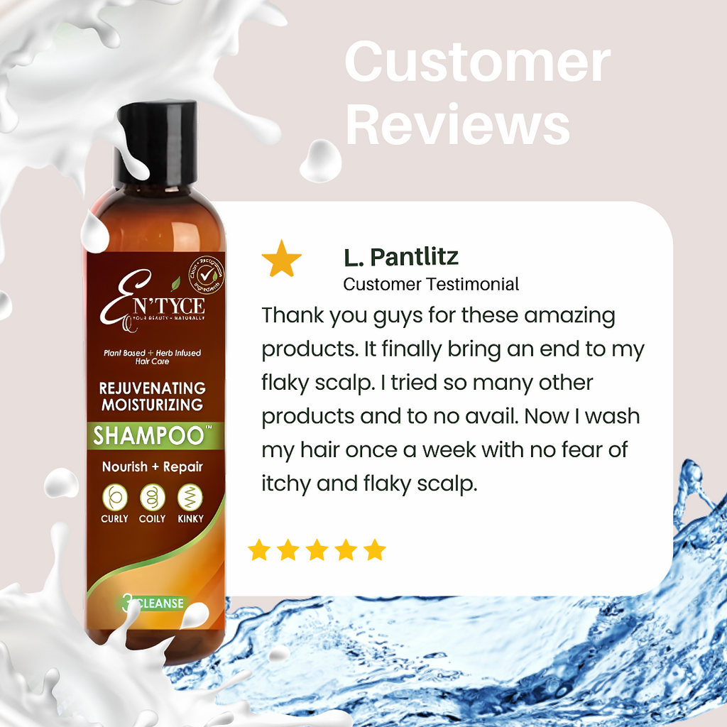 Shampoo bottle with customer review on a light background
