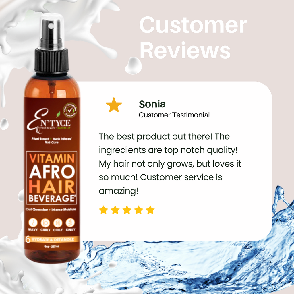 Vitamin Afro Hair Beverage bottle with customer testimonial on a water splash background