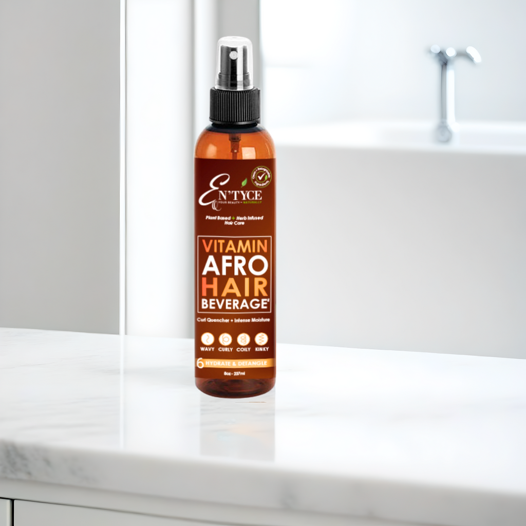 Bottle of Vita(min) Afro Hair Beverage on a bathroom counter