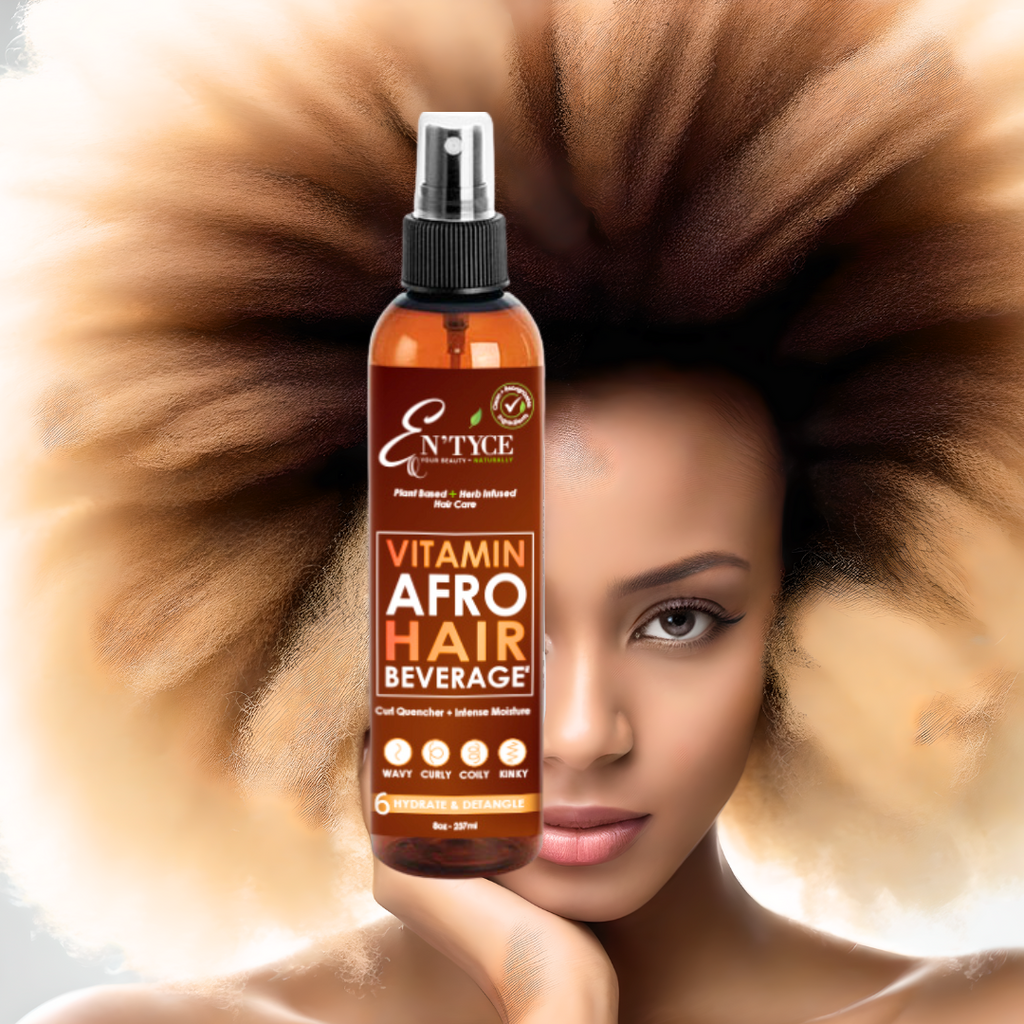 Bottle of En'tyce Vita(min )Afro Hair Beverage with a woman holding it against a background of afro hair.