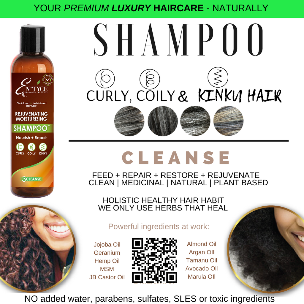 Rejuvenating Moisturizing Shampoo handmade plant-based herb-infused medicinal luxury hair care info card