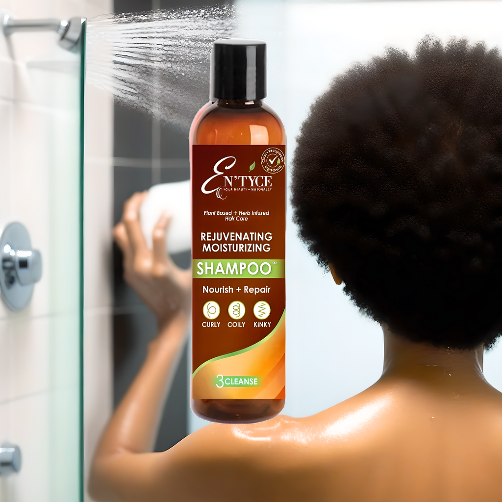 En'tyce shampoo bottle with a person using it in the shower
