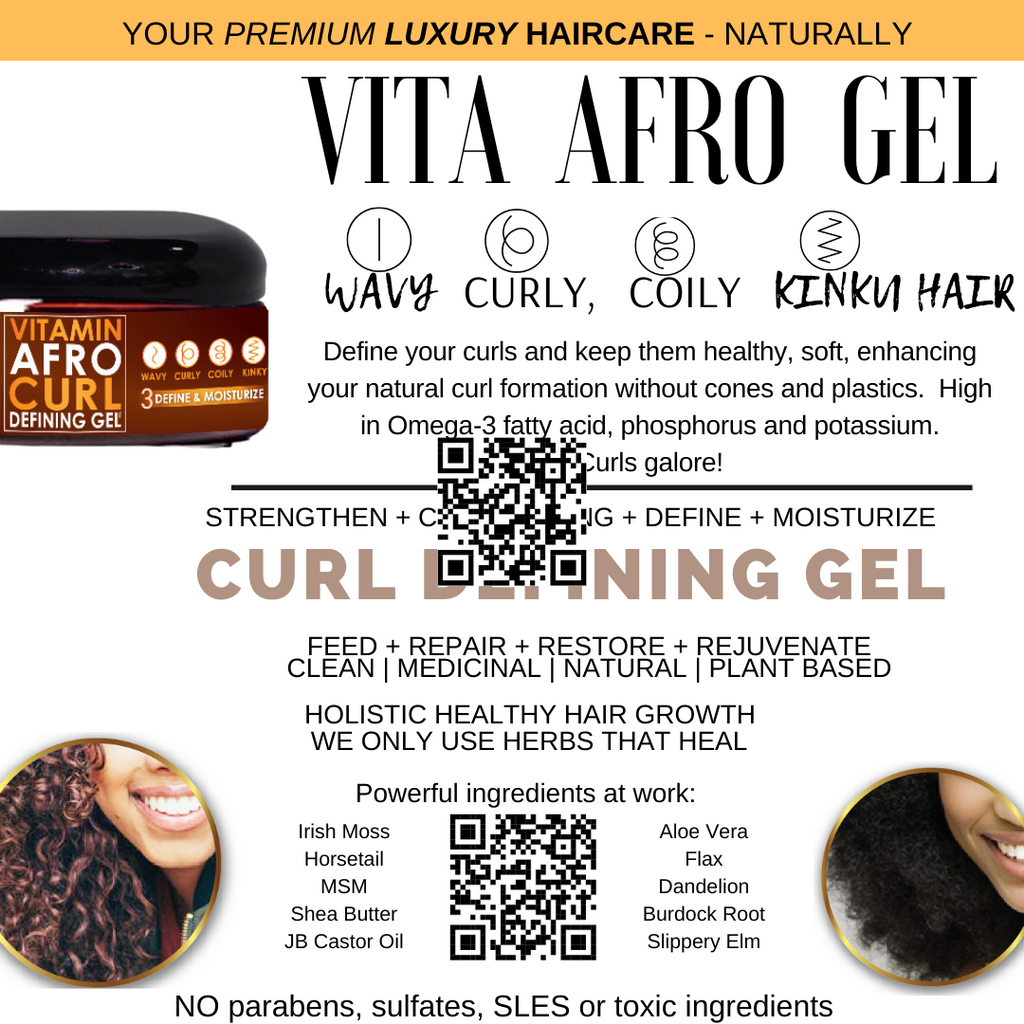 Vita(min) Afro Curl Defining Gel handmade plant-based herb-infused medicinal luxury hair care - data card