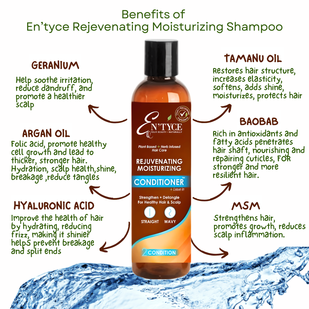 En'tyce Rejuvenating Moisturizing Shampoo bottle with benefits listed on a white background