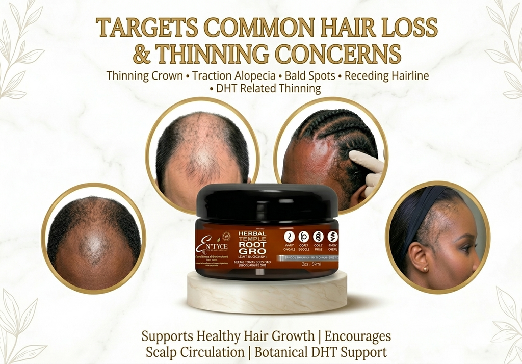Temple Root Gro Herbal DHT Blocker by En’tyce Your Beauty – Naturally supporting healthy hair growth and targeting thinning crown, traction alopecia, bald spots, receding hairline, and DHT related thinning.